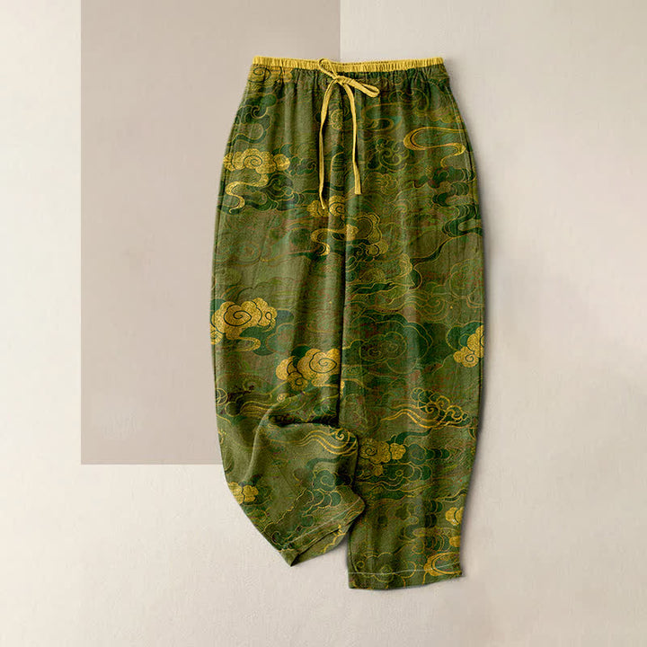 Buddha Stones Damenhose aus reiner Baumwolle mit orientalischem Wolkenmuster, elastischem Bund und Taschen - Olivgrün - US16, UK/AU20, EU48 (3XL) - image 3