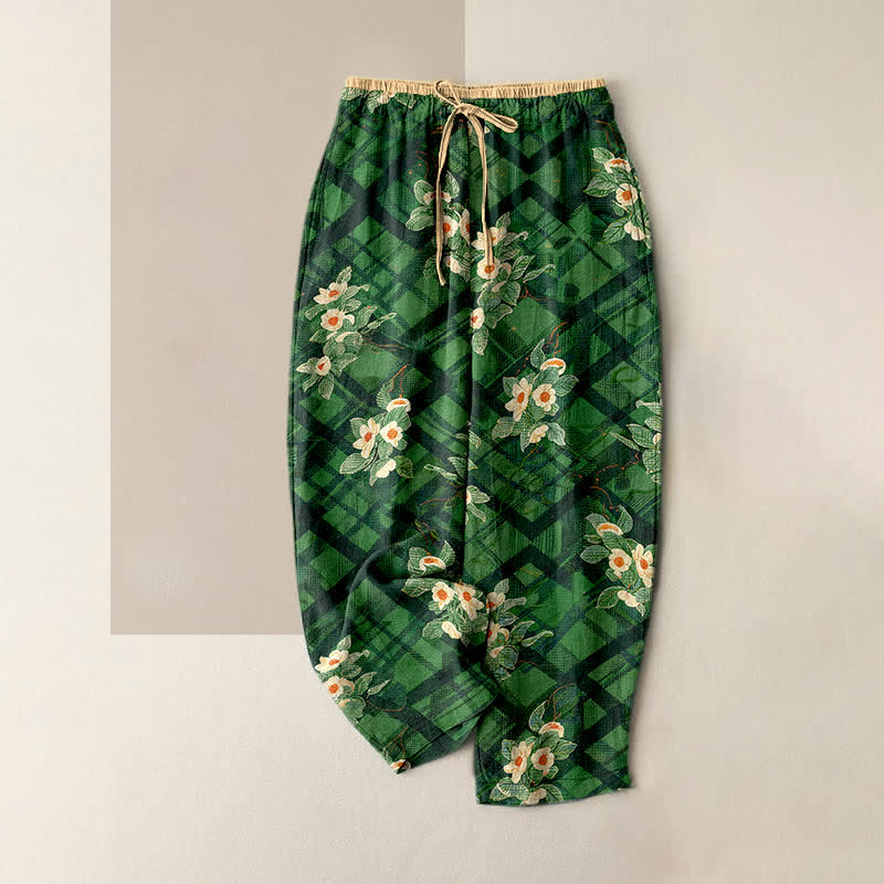 Buddha Stones Damenhose aus reiner Baumwolle mit Vintage-Blumen- und Karomuster, elastischem Bund und Taschen - Waldgrün - US16, UK/AU20, EU48 (3XL) - image 0