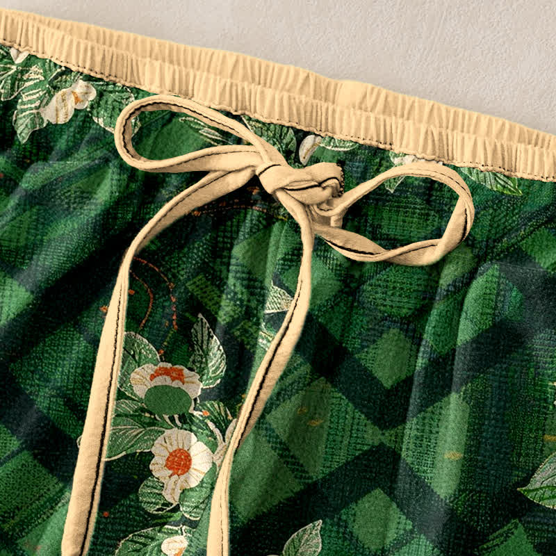 Buddha Stones Damenhose aus reiner Baumwolle mit Vintage-Blumen- und Karomuster, elastischem Bund und Taschen - image 1