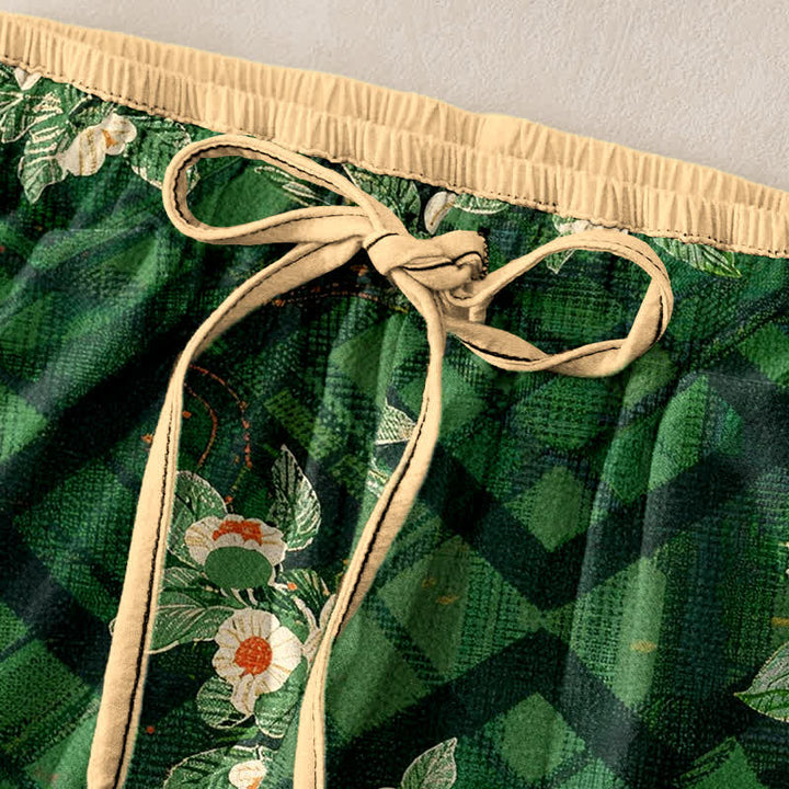 Buddha Stones Damenhose aus reiner Baumwolle mit Vintage-Blumen- und Karomuster, elastischem Bund und Taschen - image 1