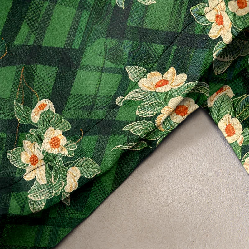 Buddha Stones Damenhose aus reiner Baumwolle mit Vintage-Blumen- und Karomuster, elastischem Bund und Taschen - image 2