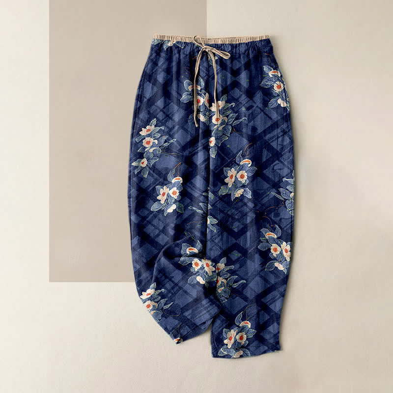 Buddha Stones Damenhose aus reiner Baumwolle mit Vintage-Blumen- und Karomuster, elastischem Bund und Taschen - Marine - US16, UK/AU20, EU48 (3XL) - image 4