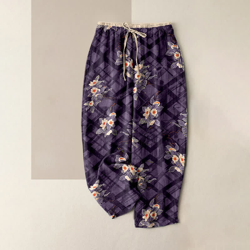 Buddha Stones Damenhose aus reiner Baumwolle mit Vintage-Blumen- und Karomuster, elastischem Bund und Taschen - Lila - US16, UK/AU20, EU48 (3XL) - image 5