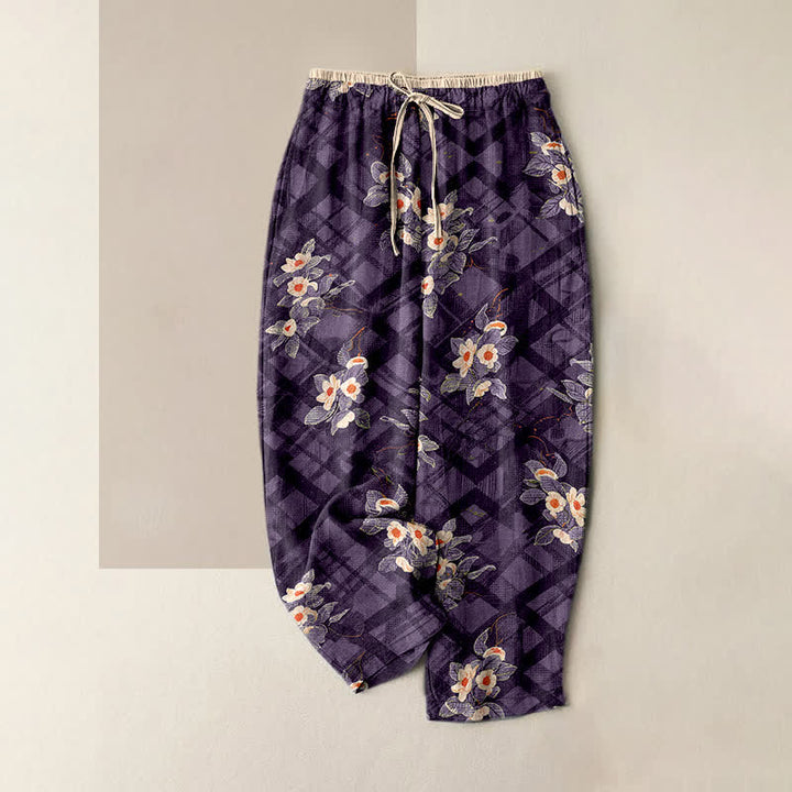 Buddha Stones Damenhose aus reiner Baumwolle mit Vintage-Blumen- und Karomuster, elastischem Bund und Taschen - Lila - US16, UK/AU20, EU48 (3XL) - image 5