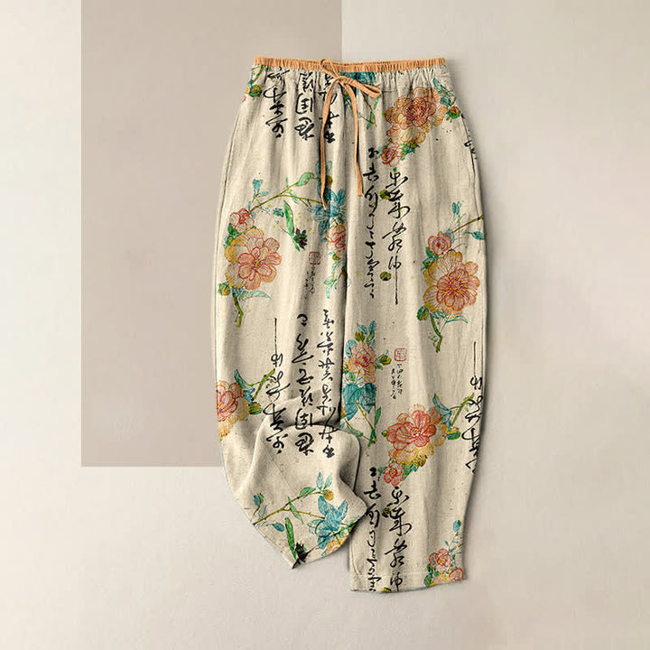 Buddha Stones Damenhose aus reiner Baumwolle mit Vintage-Blumenmuster und elastischem Bund, Taschen - Beige - US16, UK/AU20, EU48 (3XL) - image 0