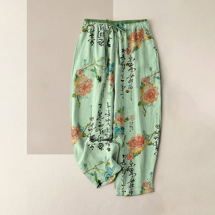 Buddha Stones Damenhose aus reiner Baumwolle mit Vintage-Blumenmuster und elastischem Bund, Taschen - Hellgrün - US16, UK/AU20, EU48 (3XL) - image 3