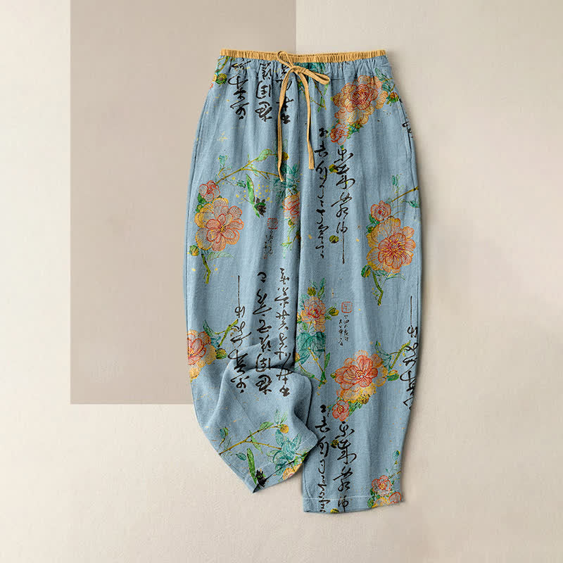 Buddha Stones Damenhose aus reiner Baumwolle mit Vintage-Blumenmuster und elastischem Bund, Taschen - Hellblau - US16, UK/AU20, EU48 (3XL) - image 4