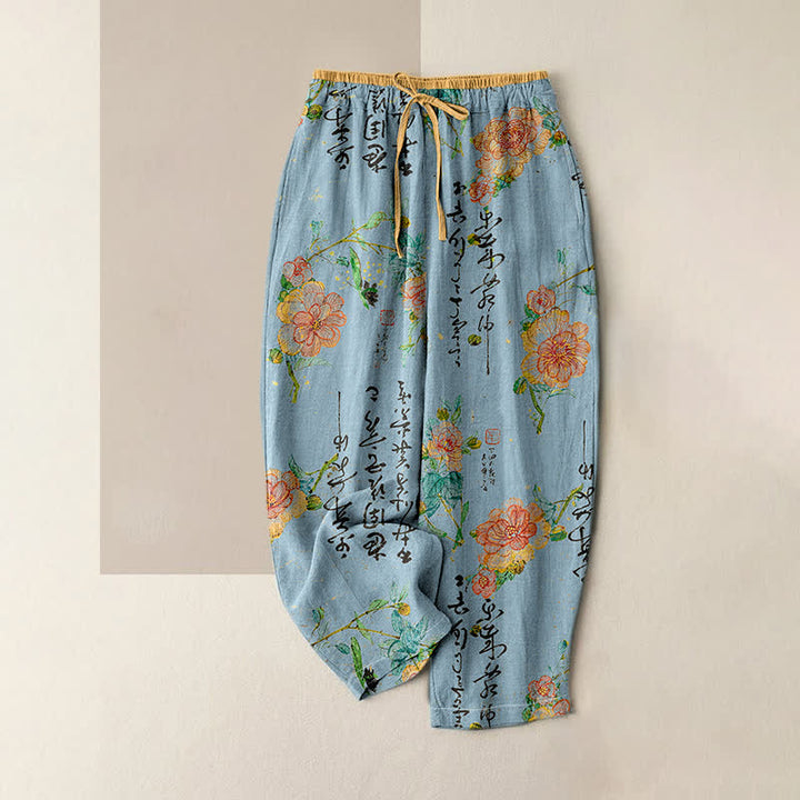 Buddha Stones Damenhose aus reiner Baumwolle mit Vintage-Blumenmuster und elastischem Bund, Taschen - Hellblau - US16, UK/AU20, EU48 (3XL) - image 4