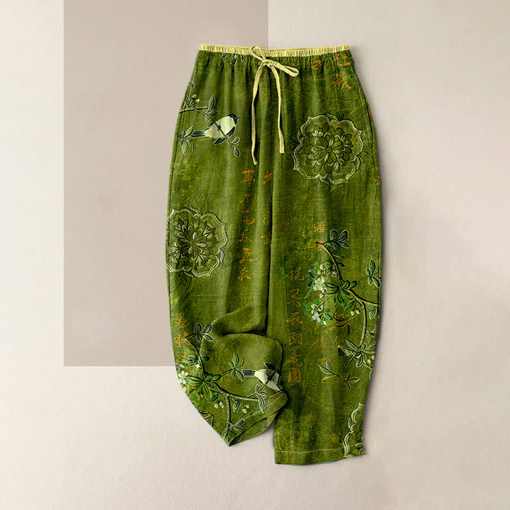 Buddha Stones Damenhose aus reiner Baumwolle mit böhmischem Blumen- und Vogelmuster, elastischem Bund und Taschen - Olive - US16, UK/AU20, EU48 (3XL) - image 3