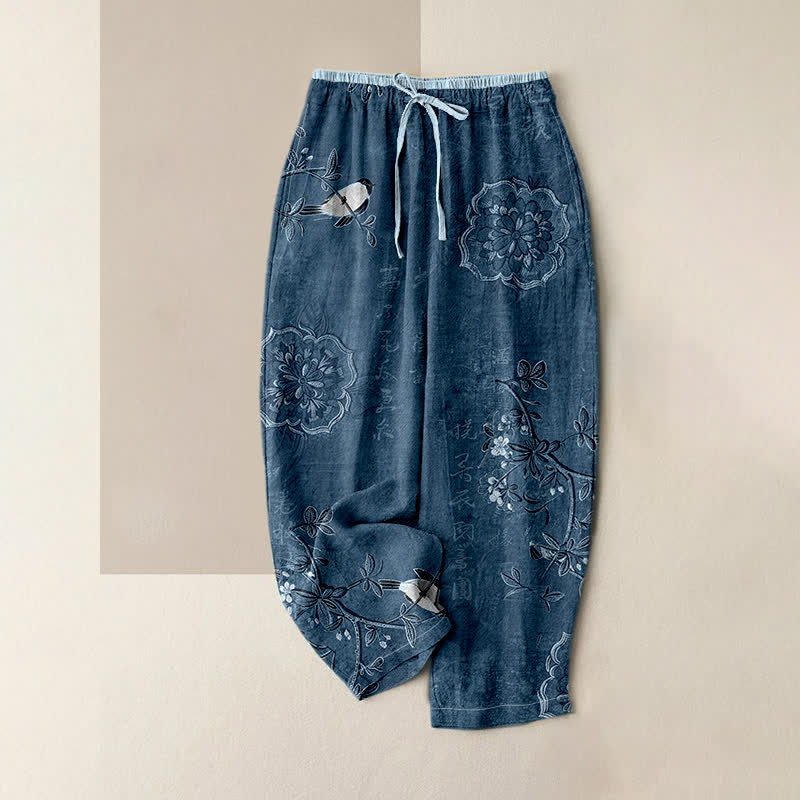 Buddha Stones Damenhose aus reiner Baumwolle mit böhmischem Blumen- und Vogelmuster, elastischem Bund und Taschen - SteelBlue - US16, UK/AU20, EU48 (3XL) - image 4