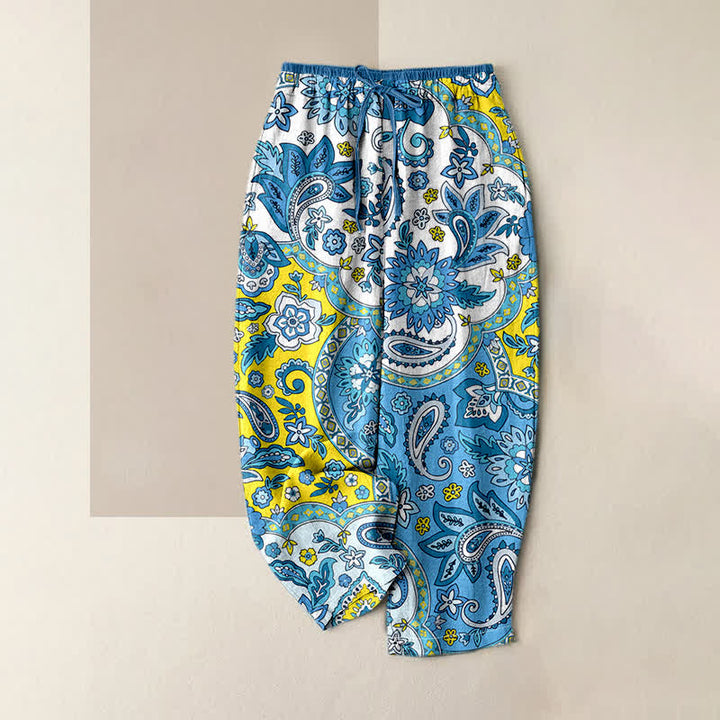 Buddha Stones Damenhose aus reiner Baumwolle mit böhmischem Paisley-Blumenmuster, elastischem Bund und Taschen - Türkis - US16, UK/AU20, EU48 (3XL) - image 0
