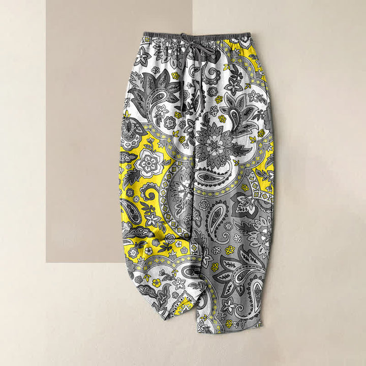 Buddha Stones Damenhose aus reiner Baumwolle mit böhmischem Paisley-Blumenmuster, elastischem Bund und Taschen - Gelb - US16, UK/AU20, EU48 (3XL) - image 4