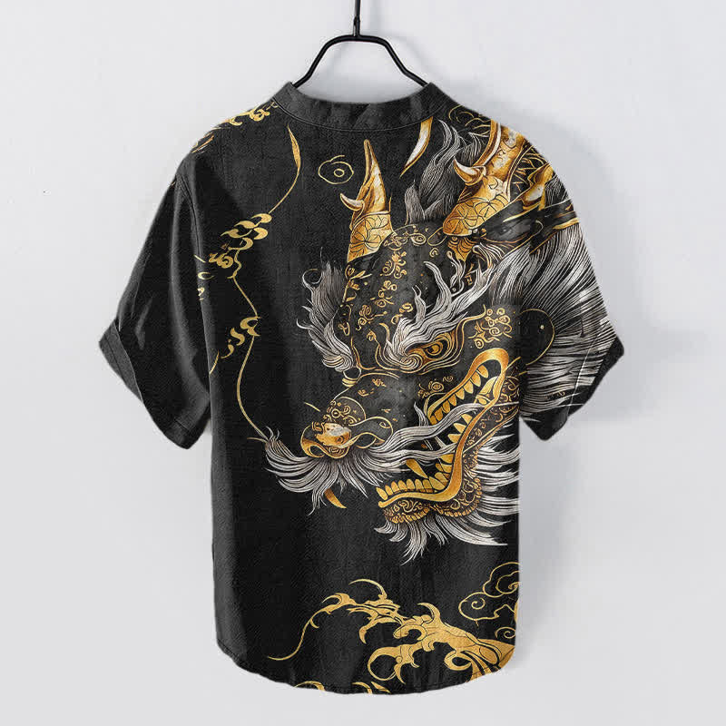 Buddha Stones Kurzarmhemd aus Baumwolle mit goldenem Drachenmuster für Herren, halbknöpfig, kurzärmelig, mit halber Knopfleiste - image 1