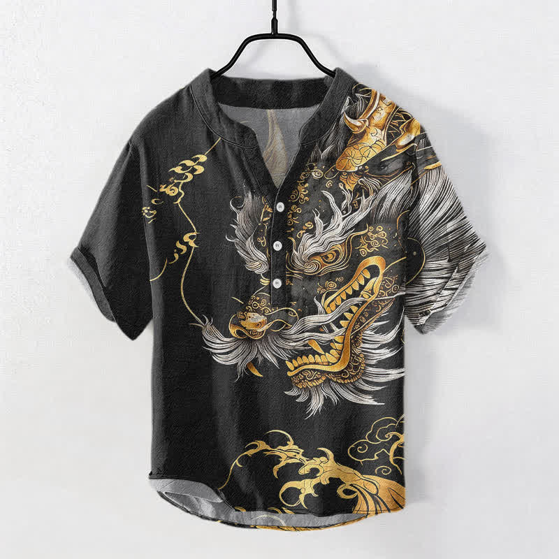 Buddha Stones Kurzarmhemd aus Baumwolle mit goldenem Drachenmuster für Herren, halbknöpfig, kurzärmelig, mit halber Knopfleiste - Schwarz - US/UK/AU50, EU60 (5XL) - image 0