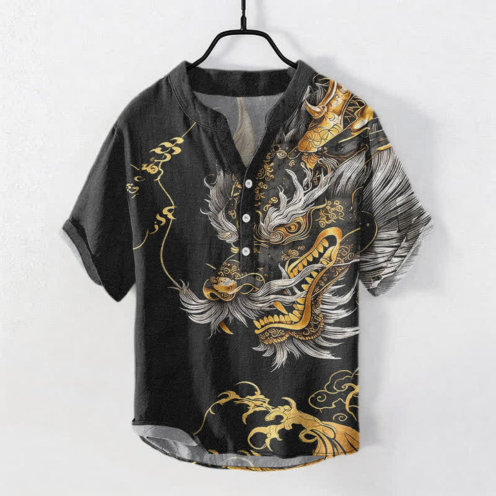 Buddha Stones Kurzarmhemd aus Baumwolle mit goldenem Drachenmuster für Herren, halbknöpfig, kurzärmelig, mit halber Knopfleiste - Schwarz - US/UK/AU50, EU60 (5XL) - image 0