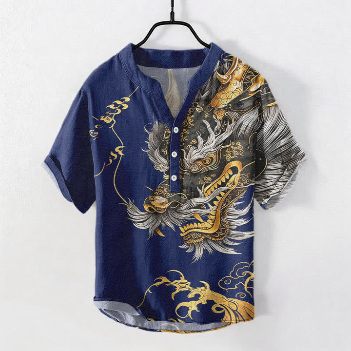 Buddha Stones Kurzarmhemd aus Baumwolle mit goldenem Drachenmuster für Herren, halbknöpfig, kurzärmelig, mit halber Knopfleiste - Marine - US/UK/AU50, EU60 (5XL) - image 5