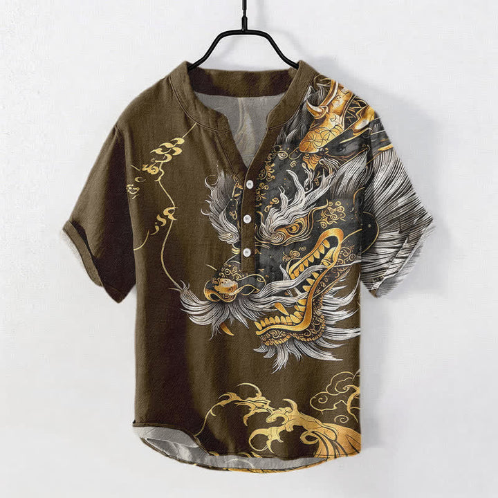 Buddha Stones Kurzarmhemd aus Baumwolle mit goldenem Drachenmuster für Herren, halbknöpfig, kurzärmelig, mit halber Knopfleiste - Sattelbraun - US/UK/AU50, EU60 (5XL) - image 7