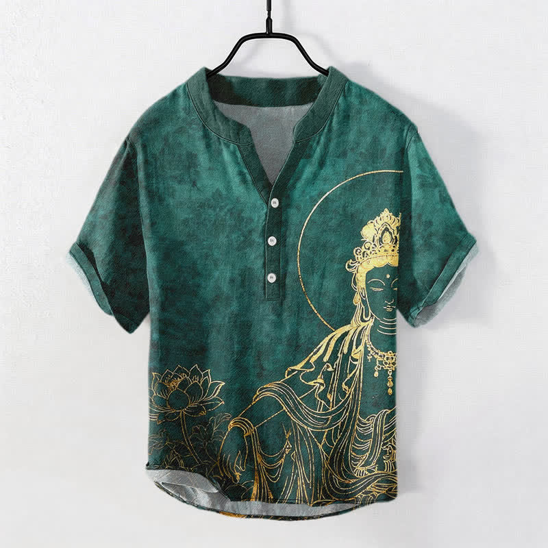 Buddha Stones Baumwollhemd für Herren, Kurzarm, halbe Knopfleiste, mit goldenem Buddha-Lotus-Muster und halben Ärmeln - SeaGreen - US/UK/AU50, EU60 (5XL) - image 0