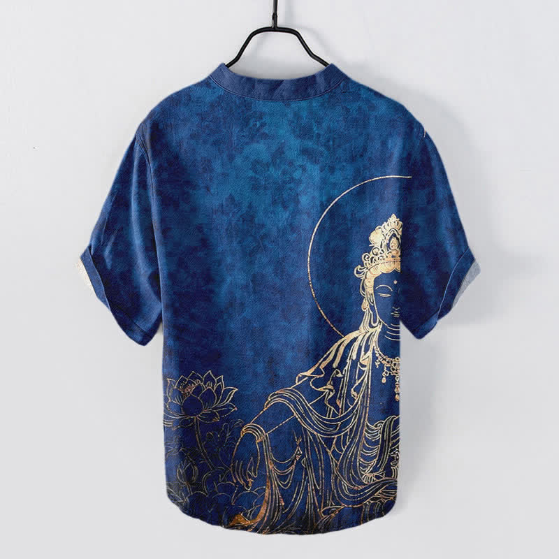 Buddha Stones Baumwollhemd für Herren, Kurzarm, halbe Knopfleiste, mit goldenem Buddha-Lotus-Muster und halben Ärmeln - image 6