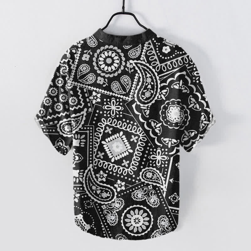 Buddha Stones Klassisches weißes Herrenhemd aus Baumwolle mit Paisley-Muster, kurzärmelig und halb geknöpft - image 1