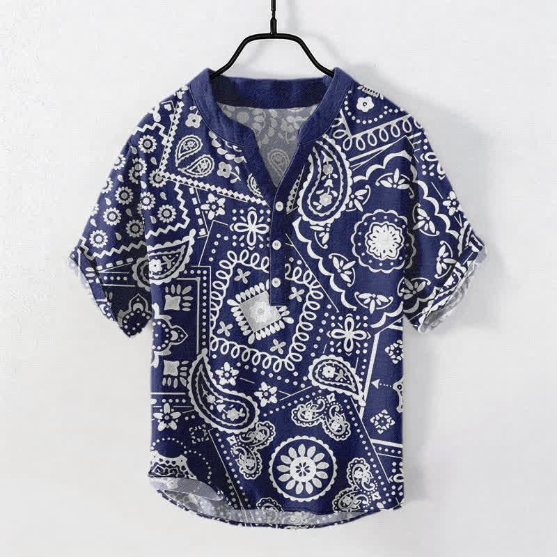 Buddha Stones Klassisches weißes Herrenhemd aus Baumwolle mit Paisley-Muster, kurzärmelig und halb geknöpft - Marine - US/ UK/AU50, EU60 (5XL) - image 5