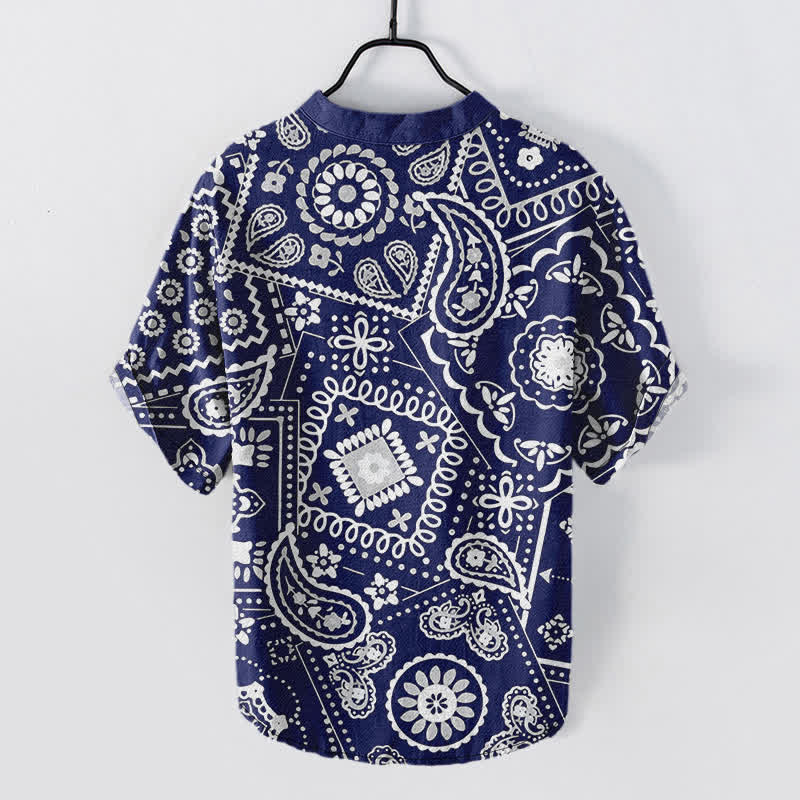 Buddha Stones Klassisches weißes Herrenhemd aus Baumwolle mit Paisley-Muster, kurzärmelig und halb geknöpft - image 6