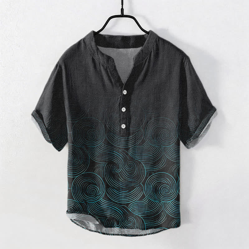 Buddha Stones Kurzarmhemd aus Baumwolle mit konzentrischem Wellenmuster und halber Knopfleiste für Herren - Schwarz - US/UK/AU50, EU60 (5XL) - image 0
