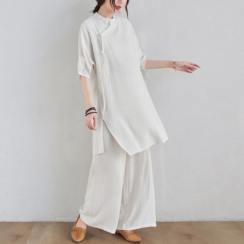 Buddha Stones 2-teiliges schlichtes Design Zen Tai Chi Meditationskleidung Baumwolle Leinen Top Hosen Damen Set - image 14