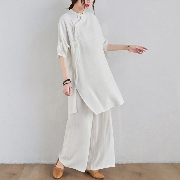 Buddha Stones 2-teiliges schlichtes Design Zen Tai Chi Meditationskleidung Baumwolle Leinen Top Hosen Damen Set - image 14
