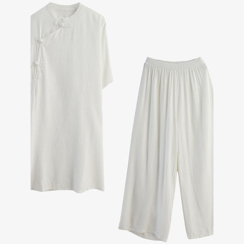 Buddha Stones 2-teiliges schlichtes Design Zen Tai Chi Meditationskleidung Baumwolle Leinen Top Hosen Damen Set - image 18