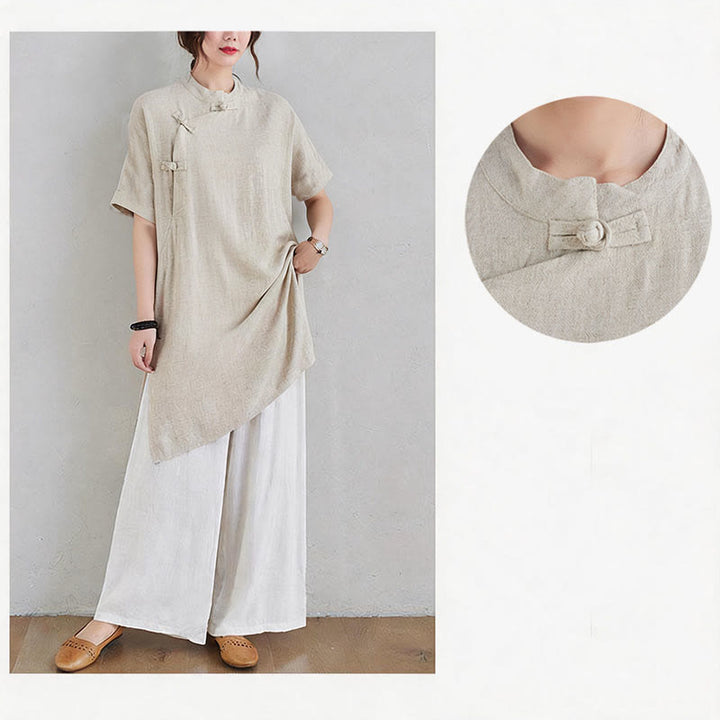 Buddha Stones 2-teiliges schlichtes Design Zen Tai Chi Meditationskleidung Baumwolle Leinen Top Hosen Damen Set - image 9