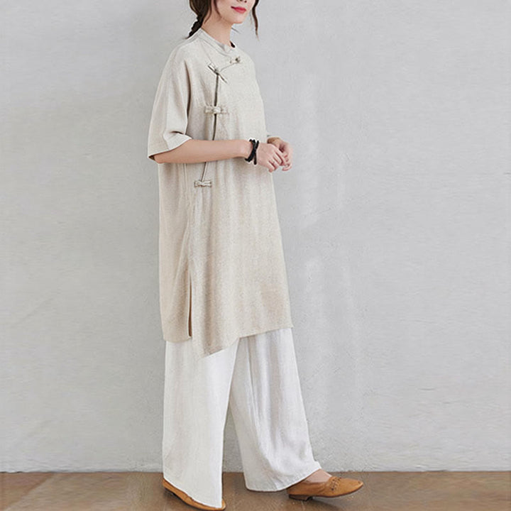 Buddha Stones 2-teiliges schlichtes Design Zen Tai Chi Meditationskleidung Baumwolle Leinen Top Hosen Damen Set - image 7