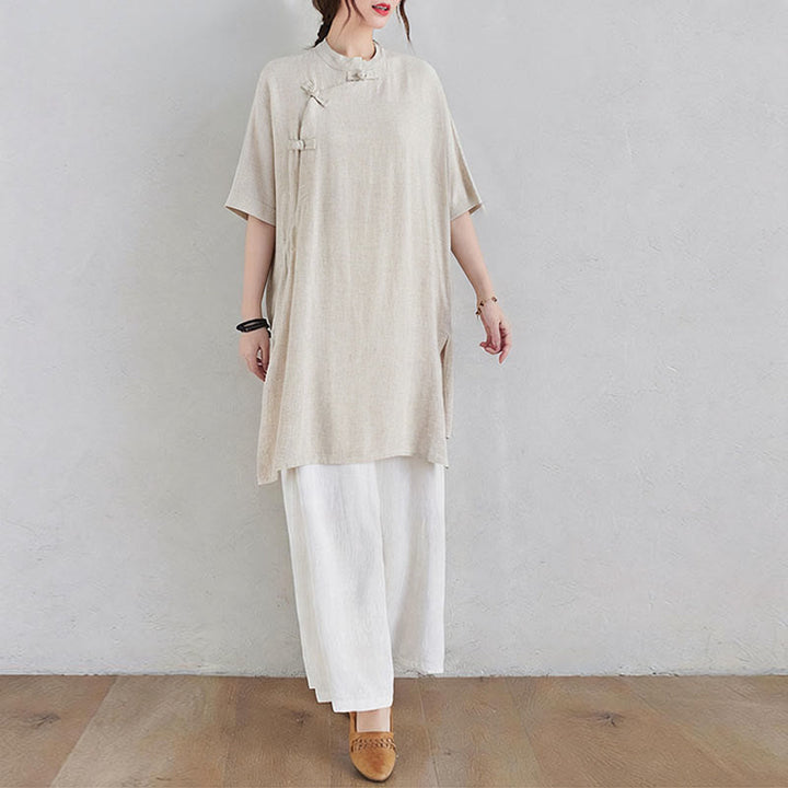 Buddha Stones 2-teiliges schlichtes Design Zen Tai Chi Meditationskleidung Baumwolle Leinen Top Hosen Damen Set - image 2