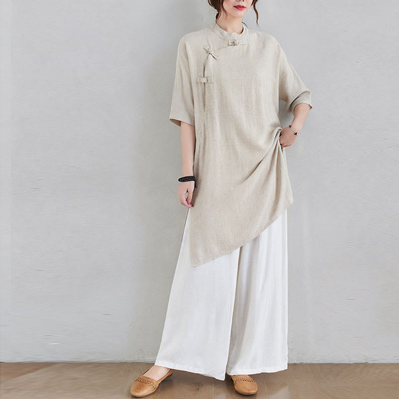 Buddha Stones 2-teiliges schlichtes Design Zen Tai Chi Meditationskleidung Baumwolle Leinen Top Hosen Damen Set - Beiges Oberteil & weiße Hose - US12, UK/AU16, EU44 (2XL) - image 0