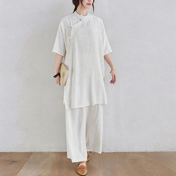 Buddha Stones 2-teiliges schlichtes Design Zen Tai Chi Meditationskleidung Baumwolle Leinen Top Hosen Damen Set - image 16