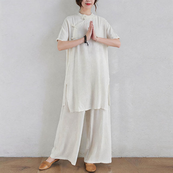 Buddha Stones 2-teiliges schlichtes Design Zen Tai Chi Meditationskleidung Baumwolle Leinen Top Hosen Damen Set - image 15