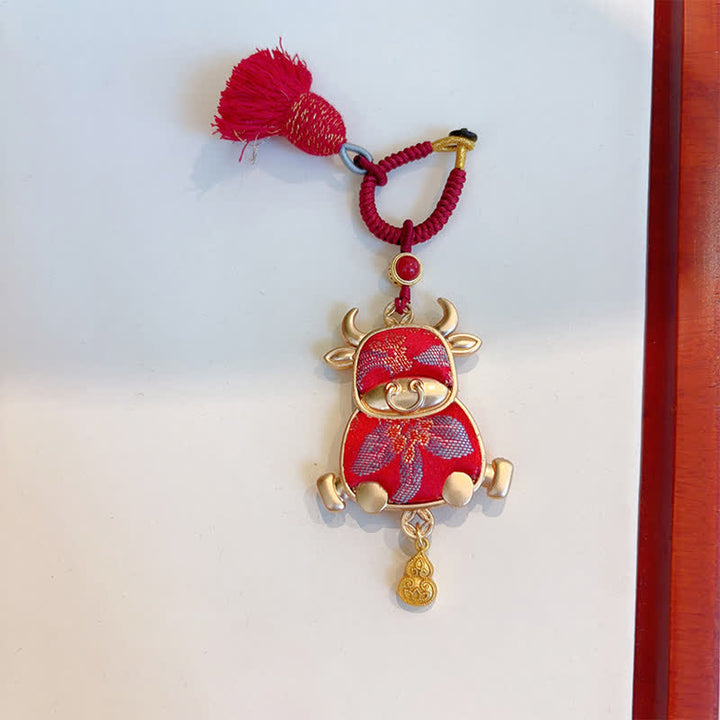 Buddha Stones Song Brocade Handgefertigter Schlüsselanhänger mit chinesischer Tierkreisquaste und Glücksbringermotiv - Ochse - Rot - image 19