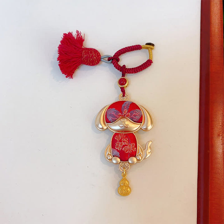 Buddha Stones Song Brocade Handgefertigter Schlüsselanhänger mit chinesischer Tierkreisquaste und Glücksbringermotiv - Hund - Rot - image 35