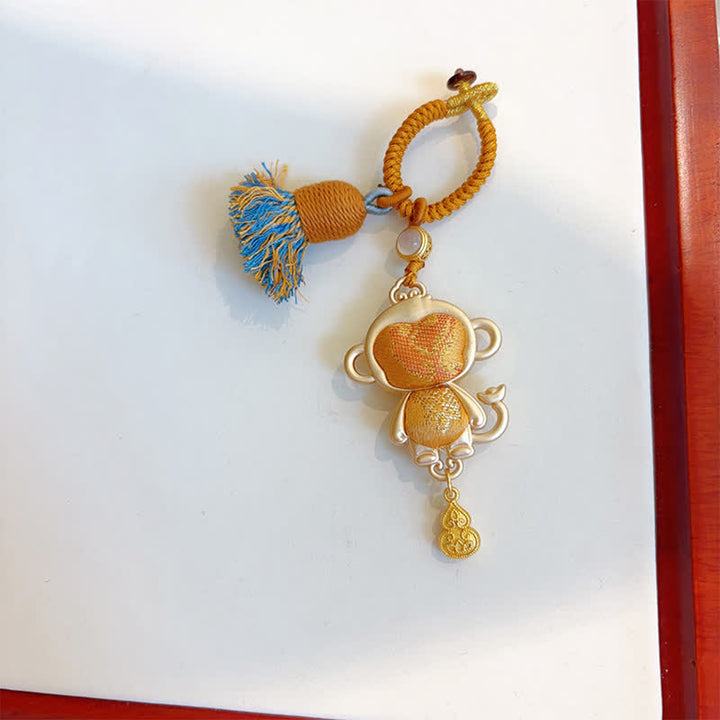 Buddha Stones Song Brocade Handgefertigter Schlüsselanhänger mit chinesischer Tierkreisquaste und Glücksbringermotiv - Affe - Gelb - image 32