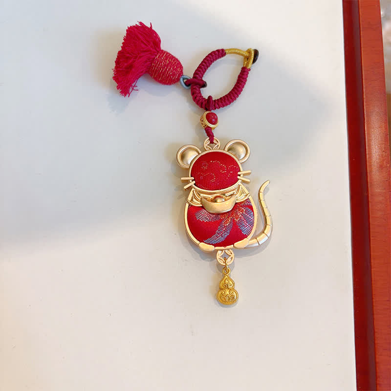 Buddha Stones Song Brocade Handgefertigter Schlüsselanhänger mit chinesischer Tierkreisquaste und Glücksbringermotiv - Ratte - Rot - image 17