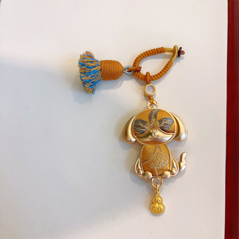 Buddha Stones Song Brocade Handgefertigter Schlüsselanhänger mit chinesischer Tierkreisquaste und Glücksbringermotiv - Hund - Gelb - image 36