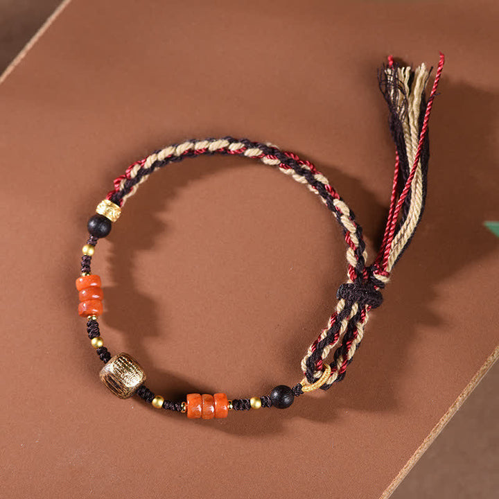 Buddha Stones Handgewebtes Armband aus rotem Sandelholz mit geflochtenen Quasten und Segensbotschaft - image 7