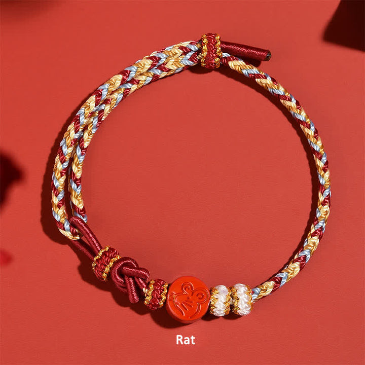 Buddha Stones Zinnoberrotes, handgewebtes Armband mit Konzentrationssymbolen des chinesischen Tierkreises - Ratte (Glück ♥ Persönlichkeit) - Zinnober (Segen♥Ruhe) - image 1