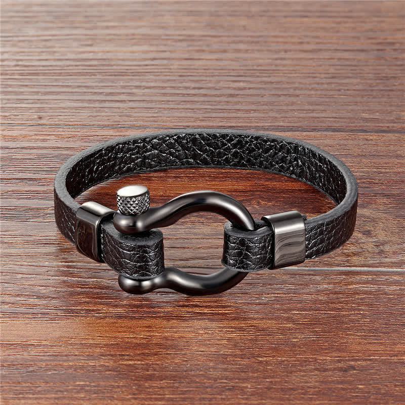 Buddha Stones Lederarmband mit Titanstahl-Schäkel - Schwarzes Leder, schwarze Schnalle (Handgelenkumfang: 18–19 cm) - image 0