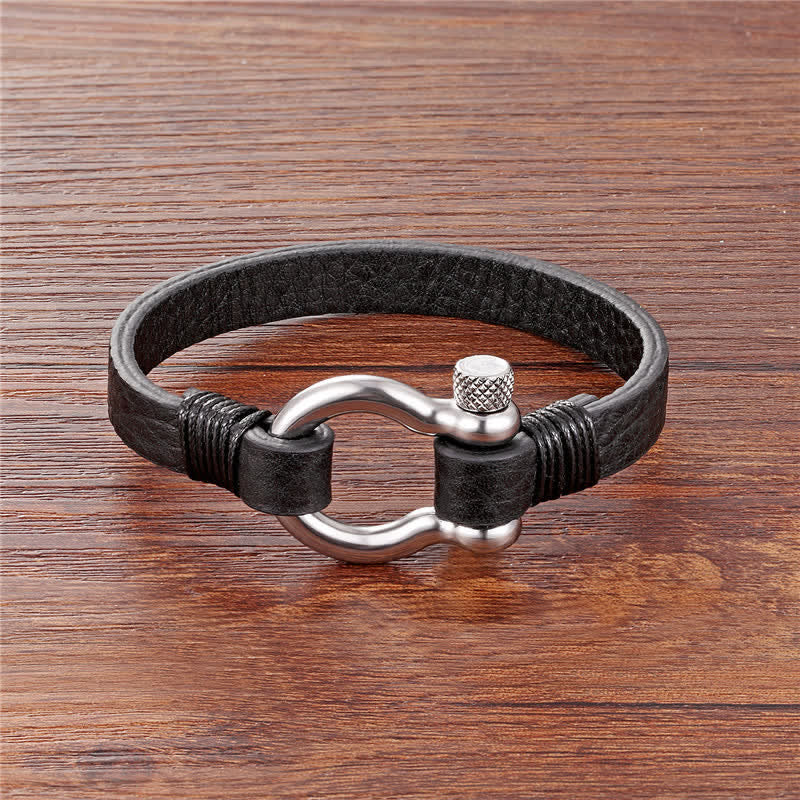 Buddha Stones Lederarmband mit Titanstahl-Schäkel - Schwarzes Leder, silberfarbene Schnalle (Handgelenkumfang: 18–19 cm) - image 3
