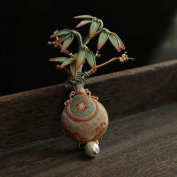 Buddha Stones Brosche mit Songbrokat-Motiv und Bambusblättern, Vasen-Design, Balance - image 3