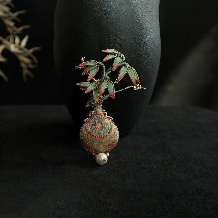 Buddha Stones Brosche mit Songbrokat-Motiv und Bambusblättern, Vasen-Design, Balance - image 7