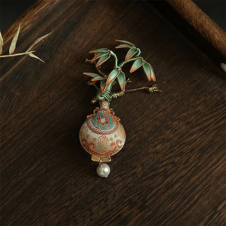 Buddha Stones Brosche mit Songbrokat-Motiv und Bambusblättern, Vasen-Design, Balance - image 8