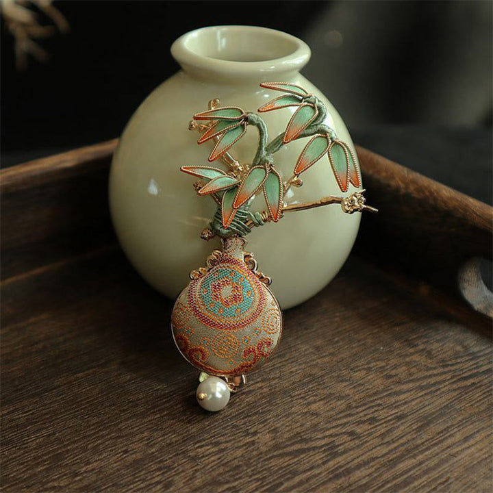 Buddha Stones Brosche mit Songbrokat-Motiv und Bambusblättern, Vasen-Design, Balance - image 5