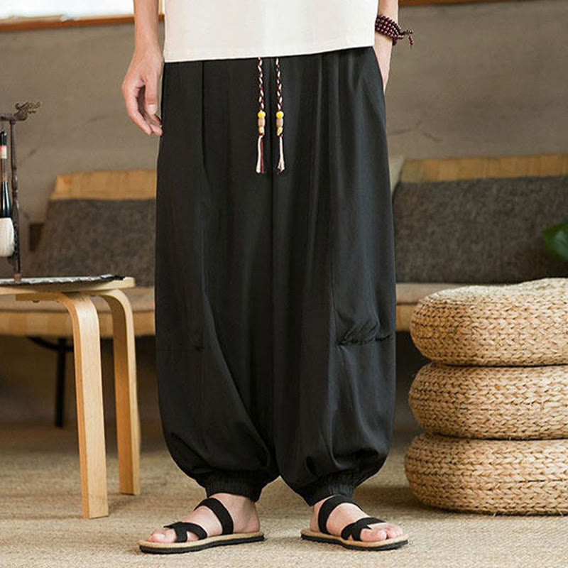 Buddha Stones Lässige, knöchellange Herren-Haremshose im Vintage-Stil mit Kordelzug und Taschen - image 1
